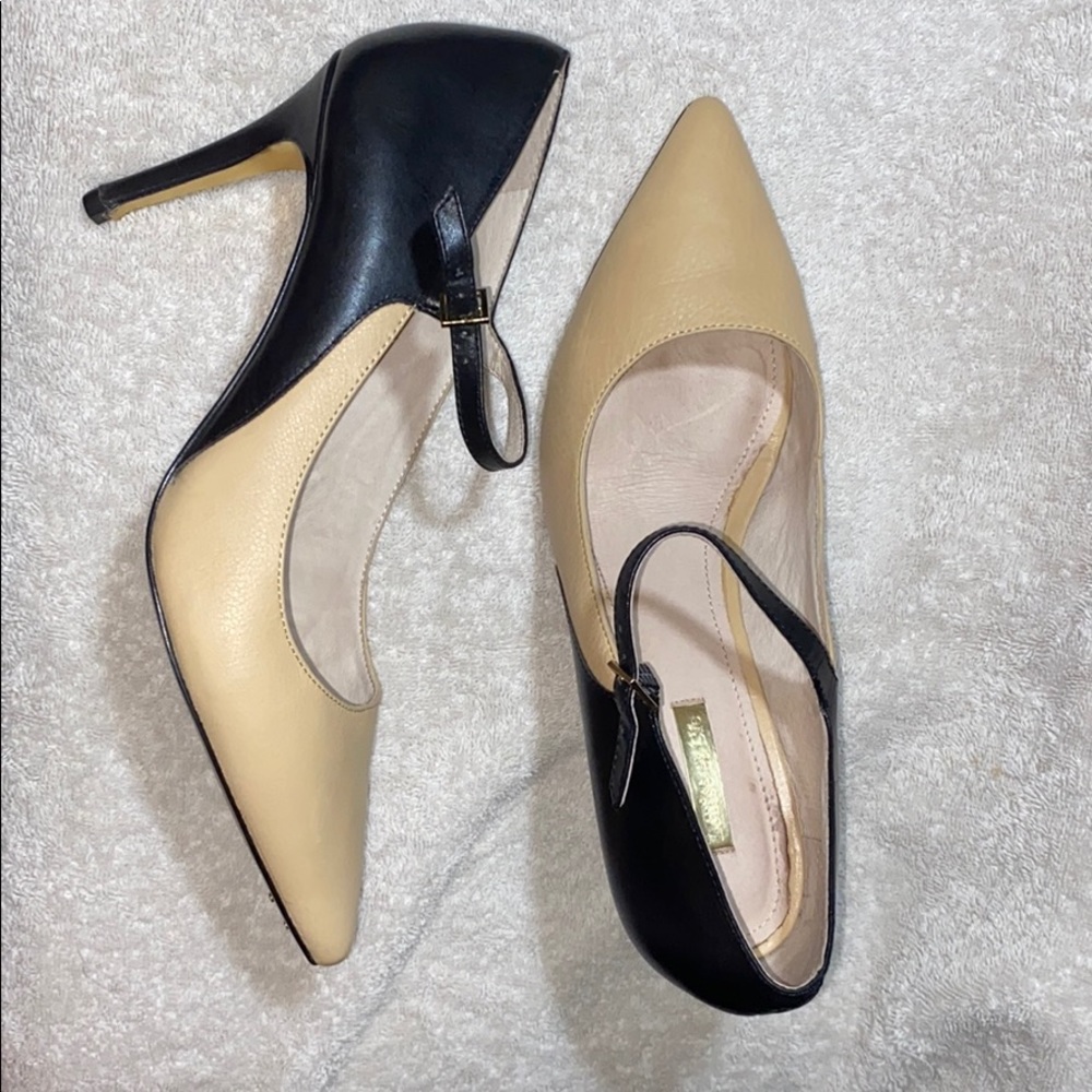 Pointed toe Black & Tan leather stiletto heels